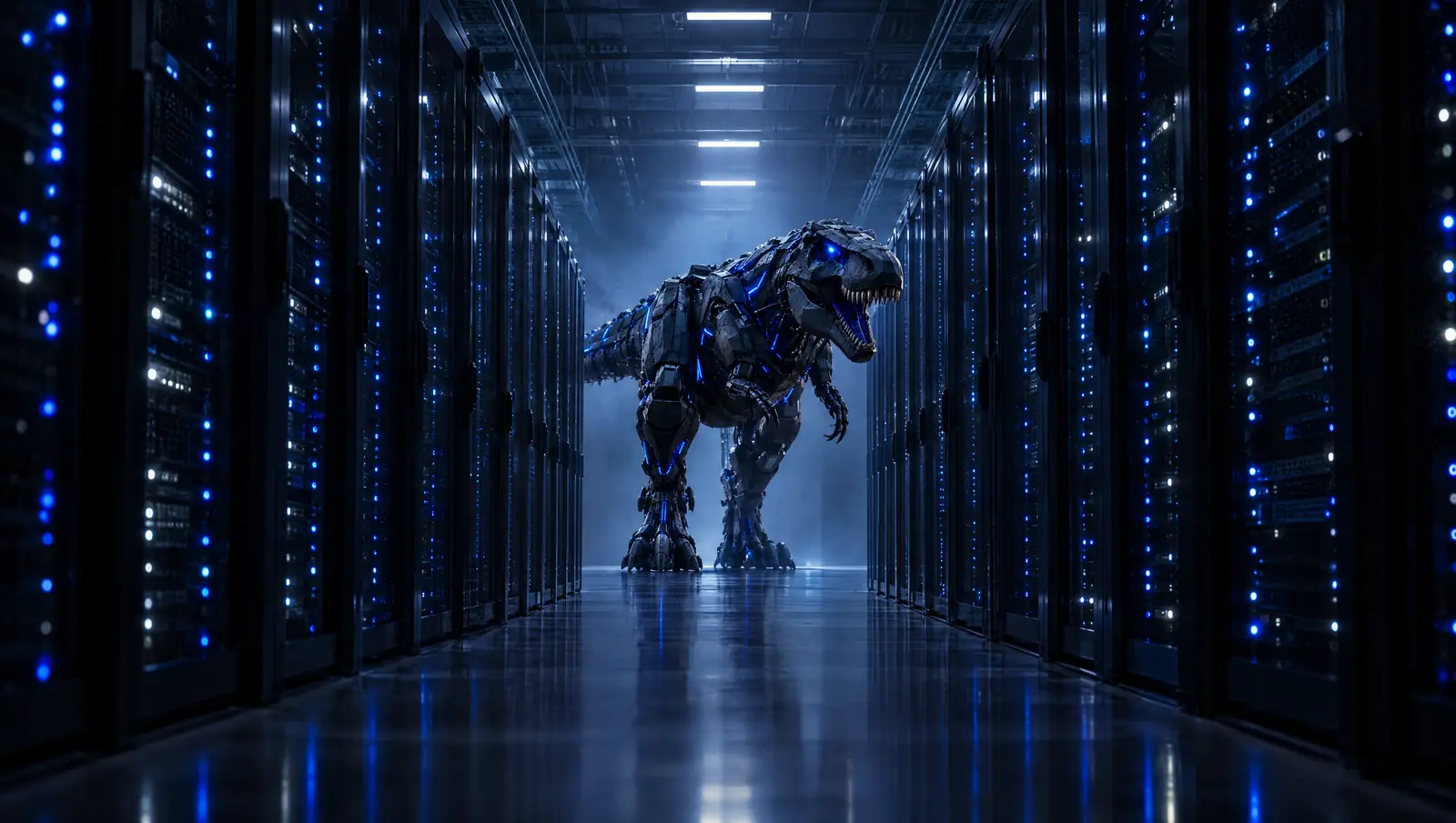 Robotic T-rex at the end of a data centre aisle