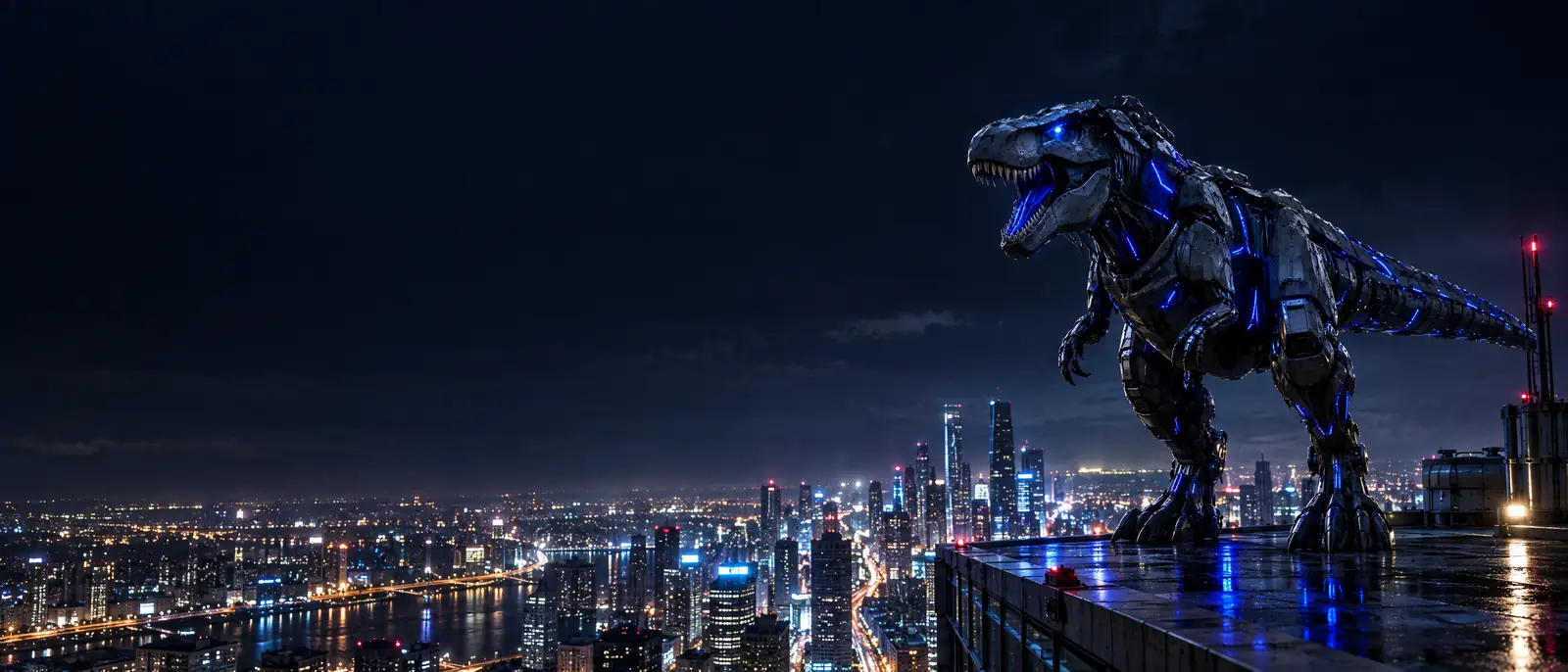 Robotic T-rex on a skyscraper rooftop overlooking a city at night